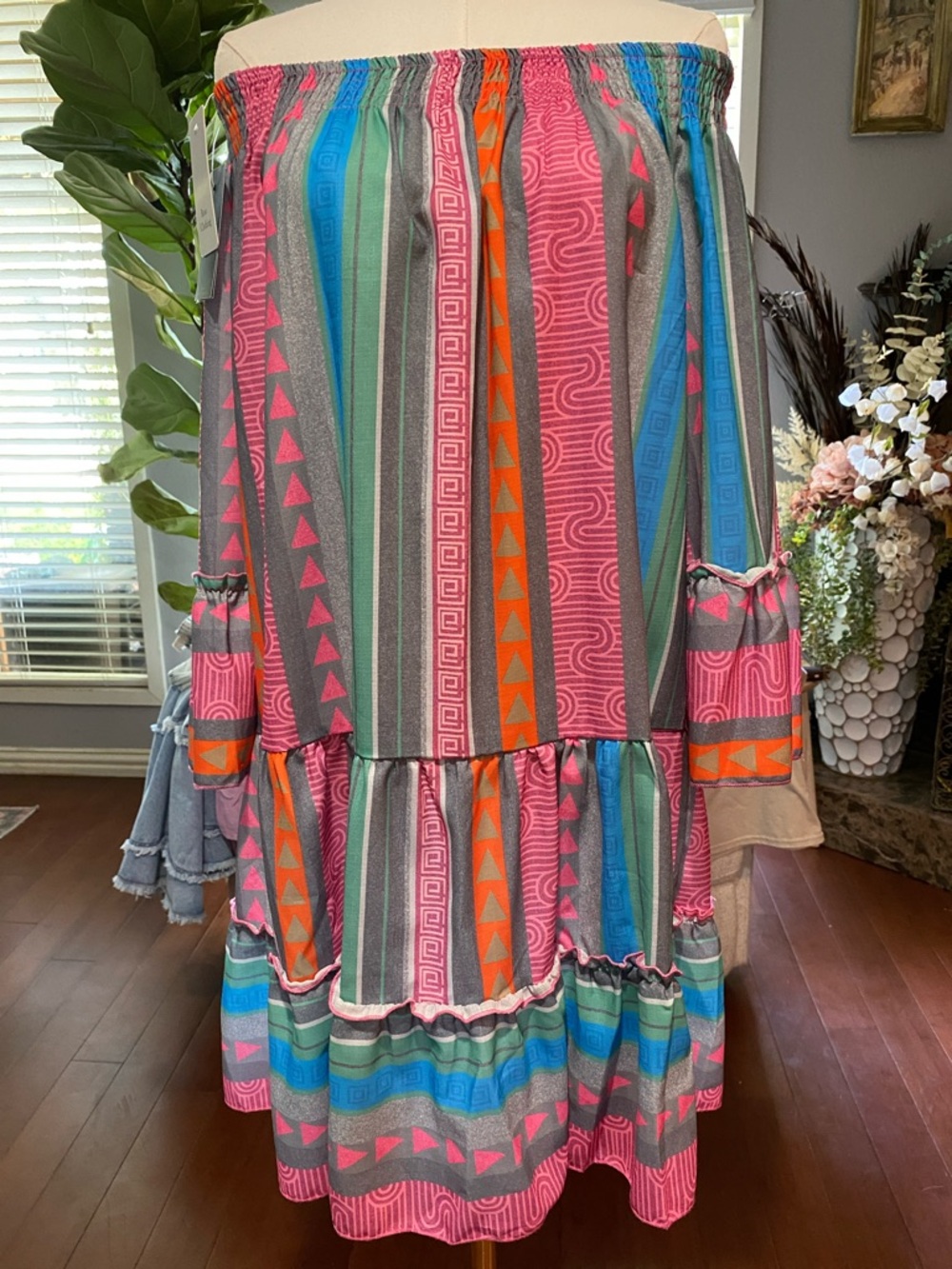 Striped Off-Shoulder Tiered Skirt in Pink Multi Geo print